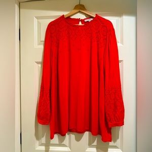 LOFT Plus Embroidered Ruffle Neck Blouse - Coral Red Color - Size 20